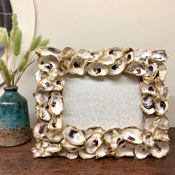 oyster shell frame, gold edged oyster shell frame, 5x7 oyster shell frame, oyster shell decor, oyster shell home decor