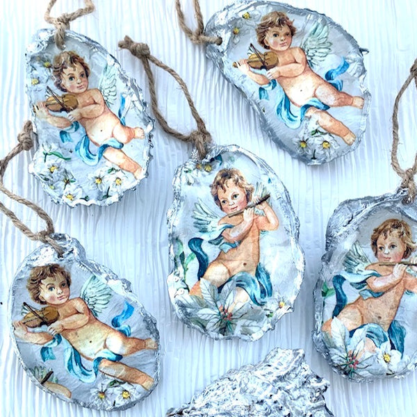 Musical Angels Oyster Shell Holiday Ornament