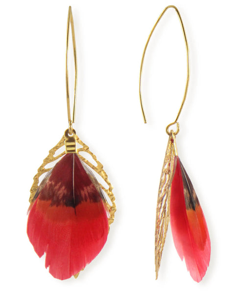 Red Feather & Leaf Drop Earrings