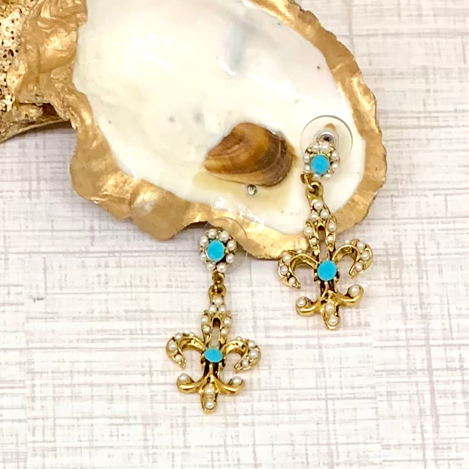 Gold Fleur de Lis Pearl Earrings