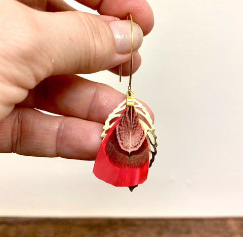 Red Feather & Leaf Drop Earrings